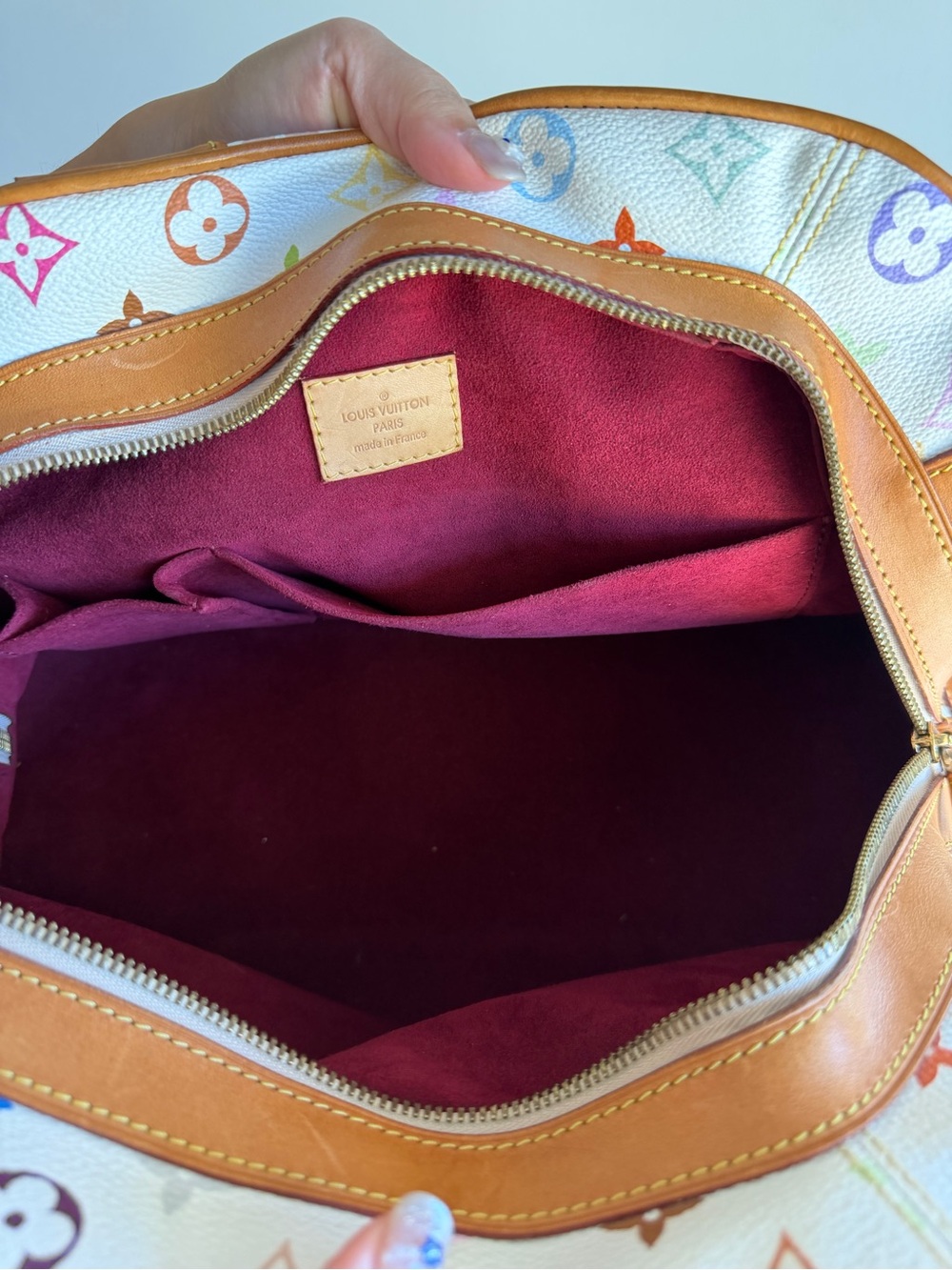 Louis Vuitton White Multicolor Monogram Canvas Shoulder Bag with Tan Leather - Picture 4 of 7